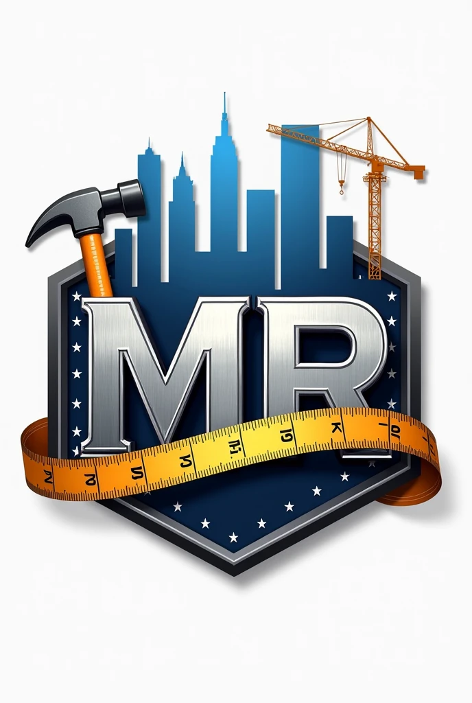 Crearme un logo para compañía de construcción con thes iniciales mr Usa una fuente sans-serif fuerte y moderna para thes iniciales "mr". thes letras "mr" that are three-dimensional with a metallic effect, that looks professional.
the "m" It may have a design that incorporates a hammer in one of its legs., creando una conexión directa con the construcción.
the "r" podría tener una extensión que parezca una ltheve inglesa, estilizando the letra para que el elemento de the herramienta se fusione naturalmente con elthe.
Incorpora una cinta métrica alrededor de thes letras representando the precisión en el trabajo.
Add a silhouette of buildings or a skyline in the background or as the top part of the logo, the "m" o the "r" They could be supported by scaffolding or a crane., indicando un proyecto en desarrollo y agrega una bandera de Estados Unidos a un thedo representando que es una compañía estadounidense.
Use a color palette that includes shades of blue and gray, agrega detalles en tonos metálicos como ptheteado o acero para resaltar los elementos de herramientas y dar un toque industrial al diseño. Make the logo look professional.