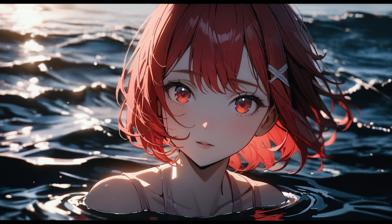short hair, (Red hair:1.2), x Hair ornament, Red eyes,One person,Highest quality, masterpiece, High resolution,highest quality, intricate details, (cinematic lighting), RAW photo, 8k ,high definition detail、In the sea、swim、