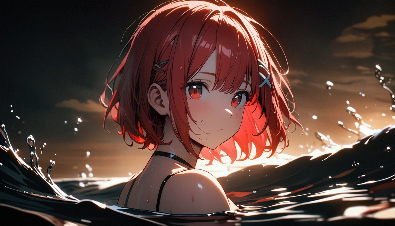 short hair, (Red hair:1.2), x Hair ornament, Red eyes,One person,Highest quality, masterpiece, High resolution,highest quality, intricate details, (cinematic lighting), RAW photo, 8k ,high definition detail、In the sea、swim、