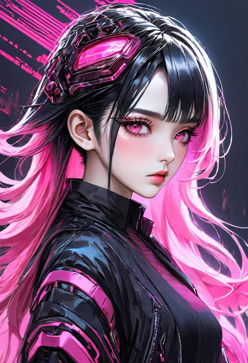 A beautiful girl with black hair, pink mesh hair and pink eyes. Cyberpunk masterpiece. Korean-style eye makeup. Mature and stylish.