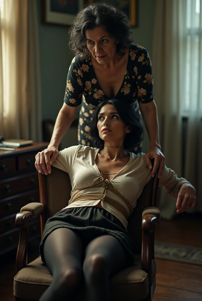 hands tied together, pretty 50 year old secretary with short dark hair, she is tied up and her mouth is gagged, wearing a silk blouse and skirt and black silky pantyhose, she is bent and tied down to a chair with tight rope, a very detailed view of her panties under pantyhose, photo realistic, bound and gagged, an 80 year old woman with dark curly hair wearing a floral dress stands over her looking angry. 