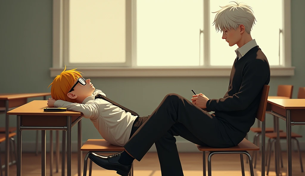 A quiet classroom in the morning, with soft natural light streaming through the windows. Jab, a skinny boy with a distinct appearance, is lying down on his desk, appearing tired or sleepy. He has short, yellow hair that contrasts with his black-framed glasses. He’s dressed in a crisp white long-sleeved shirt, neatly tucked into black pants, with a black tie and polished black leather shoes, completing his sharp and clean look. His head is resting on his arms. Next to him, Jam, a young man with a well-defined physique and striking white hair, is sitting upright in his chair, attentively watching Jab with a concerned or curious expression. Jam is dressed in a black sweater without a zipper, layered over a white long-sleeved shirt. His attire is completed with a black tie, black pants, and polished black genuine leather shoes. The clean lines and sharp details of his outfit contrast elegantly with his white hair. The classroom is empty, with no other students or teachers present. The desks and chairs are arranged neatly, and the scene has a peaceful, almost serene atmosphere, with soft lighting highlighting the details of both Jab’s and Jam’s unique features and attire.(hyper realistic)