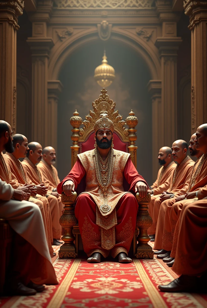 A indian king sitting on a chair in royale assembly in front of his 6 ministers the image is in left angle