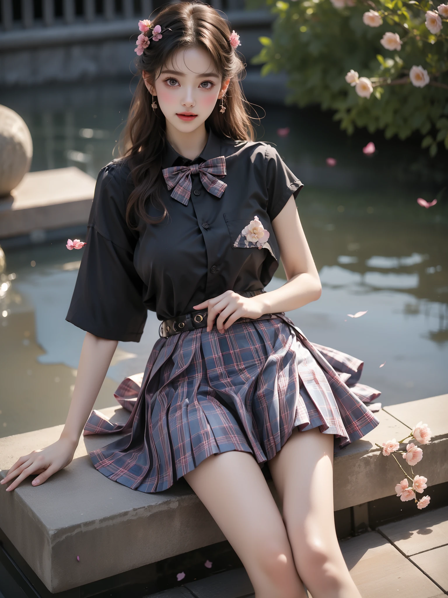 skirt,plaid necktie,belt,plaid skirt,black shirt,bowtie, ((knee shot)),（(Girl lying in the pool))、((night，moonlight))，She gently lifted her skirt with one hand，Make gentle and playful gestures，((Lots of flowers瓣)), Lots of flowers，Petals scattered all over the ground，Cherry tree，Petals are flying all over the sky，Beautiful and charming woman, Elegantly, Her plump breasts are fully exposed.，Visible cleavage，The skirt is short，Natural legs，Sexy legs，Legs slightly bent，Legs in a natural position，Slender legs，Shapely legs，Cross your legs，Show your legs，Legs in natural light，Smooth skin，Slender and lovely beauty, Eyes sparkling，Her skin is flawless。Her curves are highlighted。Shine in the light，The color is pastel，She lay confidently，One hand on hip，Her posture is both graceful and strong...。She wore elegant high heels，It matches her 裙子 very well.。In the warm golden sun。The atmosphere of the whole photo is peaceful and positive，Emphasis on natural beauty and elegance, Studio Lighting,Vibrant colors, Cute girl, sweet smile, cosmetic，Shy，blush，open mouth，Heavy breathing，moan，超realism，realism，Movie Lighting，Comfort，Sony FE GM，Retina，masterpiece，precise，Anatomically correct，Textured Skin，Super Detail，High Detail，best quality，Colorful