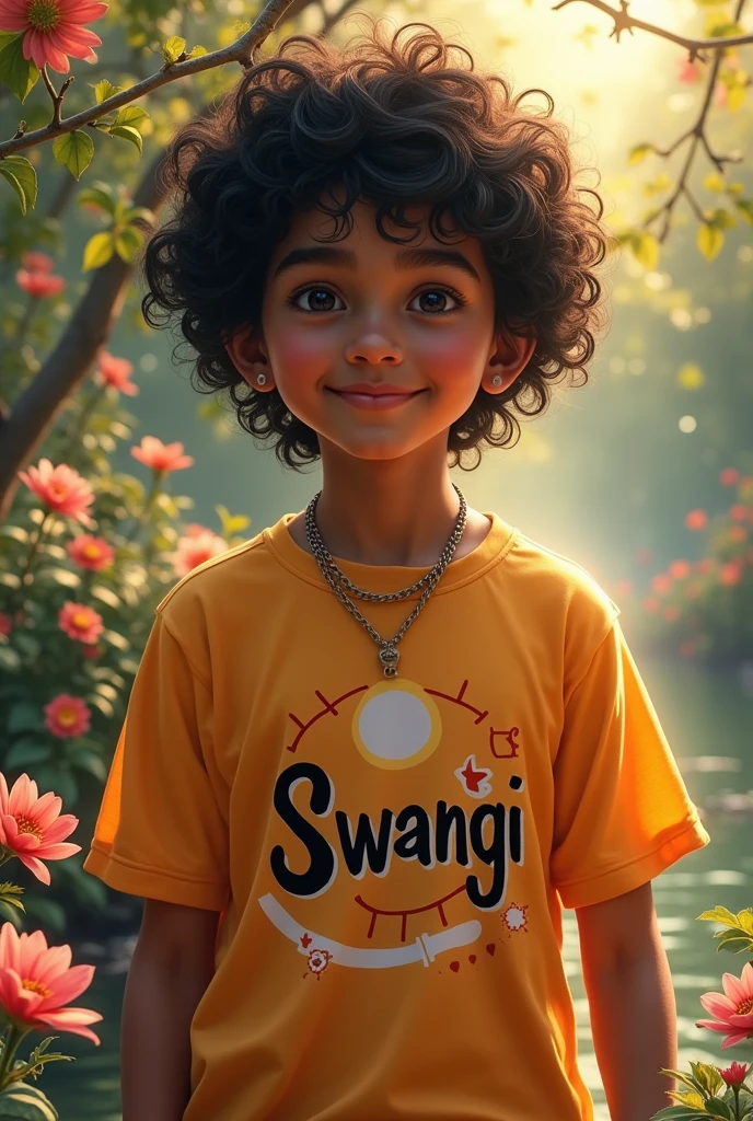 Krishna and with swangi name printed on his t shirt