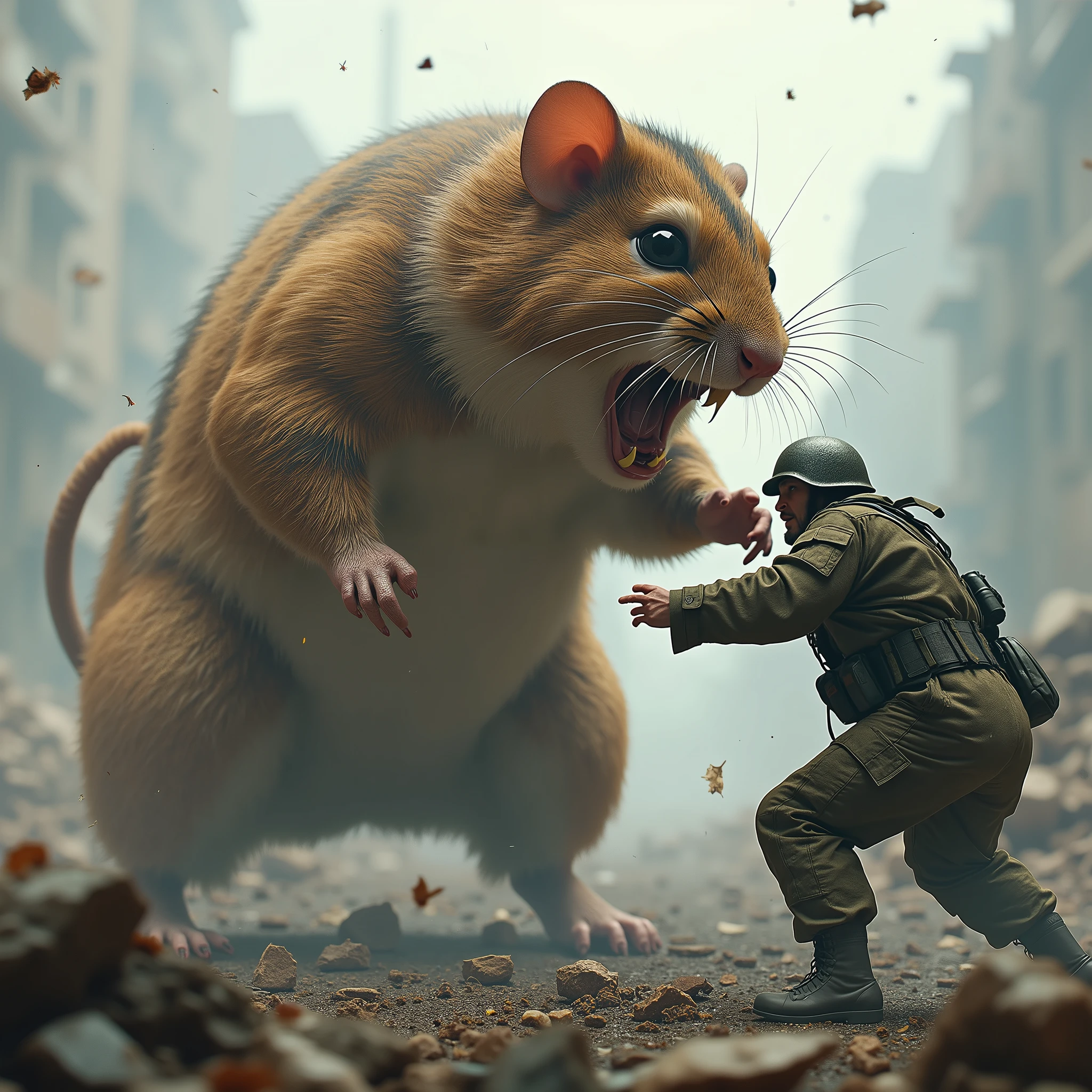 a large hamster attacking a russian soldier, highly detailed, masterpiece, 8k, photorealistic, cinematic lighting, hyperrealistic, dynamic action pose, intricate fur texture, expressive eyes, sharp teeth, intense expression, military uniform, gritty environment, war-torn background, dramatic lighting, cinematic composition