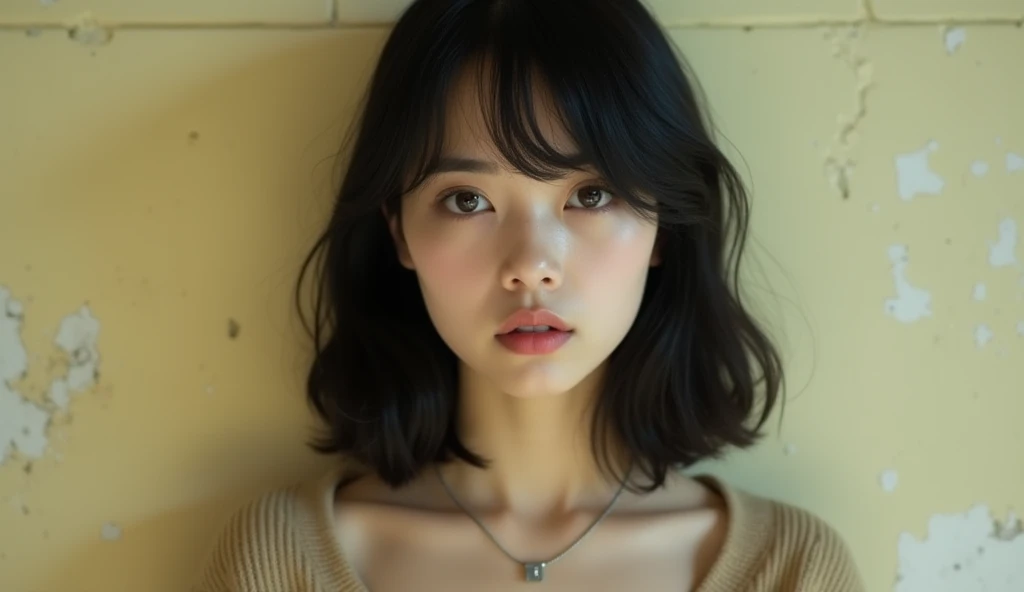 A photo of a young woman with shoulder-length black hair, striking brown eyes, and a subtle pink lip color. She is wearing a beigesweater and a silver necklace with a pendant. The background of the image is a textured wall with a pale yellow hue, displaying some minor wear and tear.