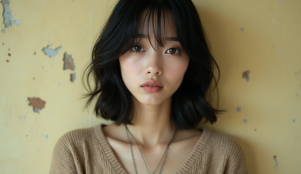 A photo of a young woman with shoulder-length black hair, striking brown eyes, and a subtle pink lip color. She is wearing a beigesweater and a silver necklace with a pendant. The background of the image is a textured wall with a pale yellow hue, displaying some minor wear and tear.