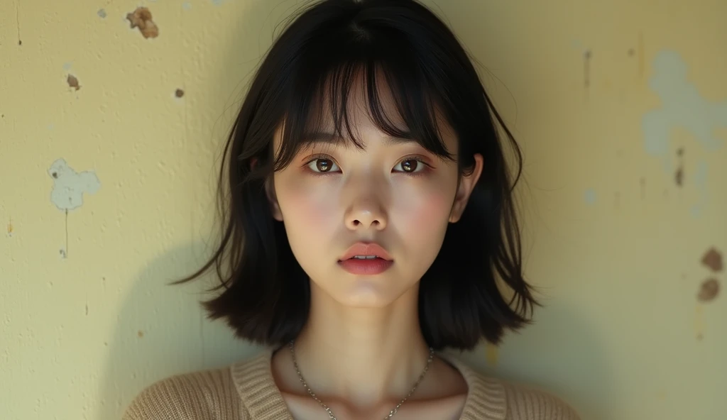 A photo of a young woman with shoulder-length black hair, striking brown eyes, and a subtle pink lip color. She is wearing a beigesweater and a silver necklace with a pendant. The background of the image is a textured wall with a pale yellow hue, displaying some minor wear and tear.