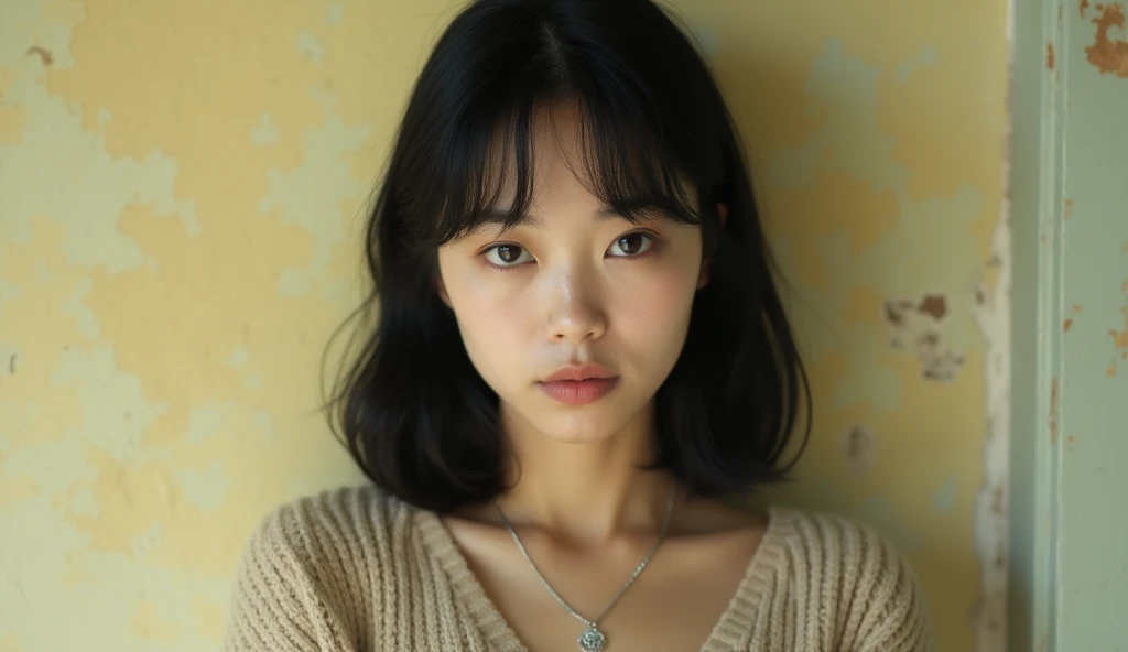 A photo of a young woman with shoulder-length black hair, striking brown eyes, and a subtle pink lip color. She is wearing a beigesweater and a silver necklace with a pendant. The background of the image is a textured wall with a pale yellow hue, displaying some minor wear and tear.