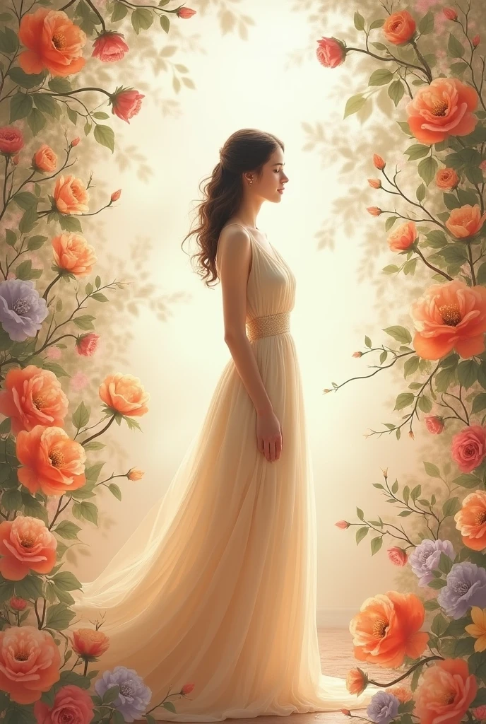 Beige dress at the center and asymmetrical flowers as background