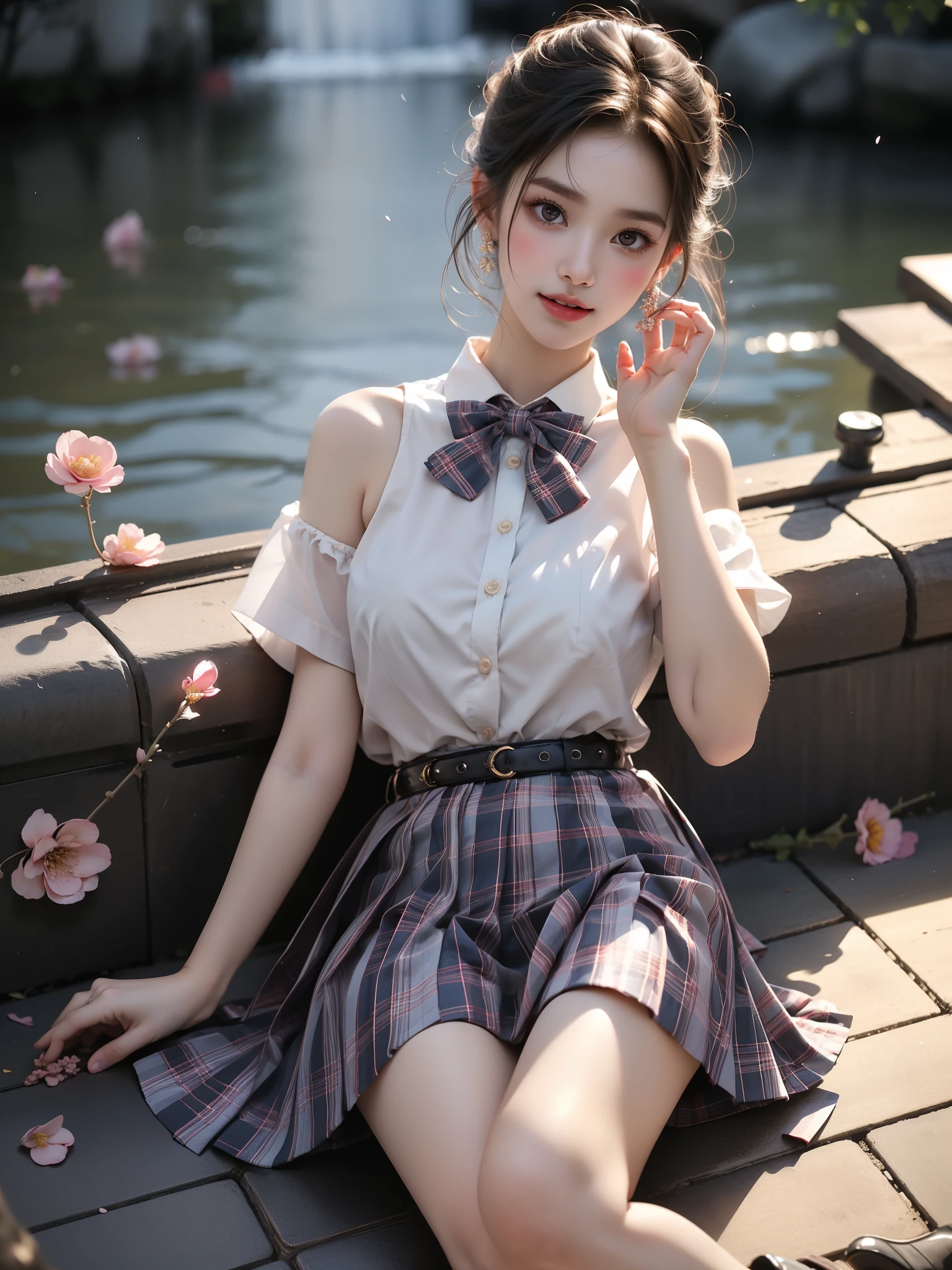 skirt,plaid necktie,belt,plaid skirt,black shirt,bowtie, ((knee shot)),（(Girl lying in the pool))、((night，moonlight))，She gently lifted her skirt with one hand，Make gentle and playful gestures，((Lots of flowers瓣)), Lots of flowers，Petals scattered all over the ground，Cherry tree，Petals are flying all over the sky，Beautiful and charming woman, Elegantly, Her plump breasts are fully exposed.，Visible cleavage，The skirt is short，Natural legs，Sexy legs，Legs slightly bent，Legs in a natural position，Slender legs，Shapely legs，Cross your legs，Show your legs，Legs in natural light，Smooth skin，Slender and lovely beauty, Eyes sparkling，Her skin is flawless。Her curves are highlighted。Shine in the light，The color is pastel，She lay confidently，One hand on hip，Her posture is both graceful and strong...。She wore elegant high heels，It matches her 裙子 very well.。In the warm golden sun。The atmosphere of the whole photo is peaceful and positive，Emphasis on natural beauty and elegance, Studio Lighting,Vibrant colors, Cute girl, sweet smile, cosmetic，Shy，blush，open mouth，Heavy breathing，moan，超realism，realism，Movie Lighting，Comfort，Sony FE GM，Retina，masterpiece，precise，Anatomically correct，Textured Skin，Super Detail，High Detail，best quality，Colorful