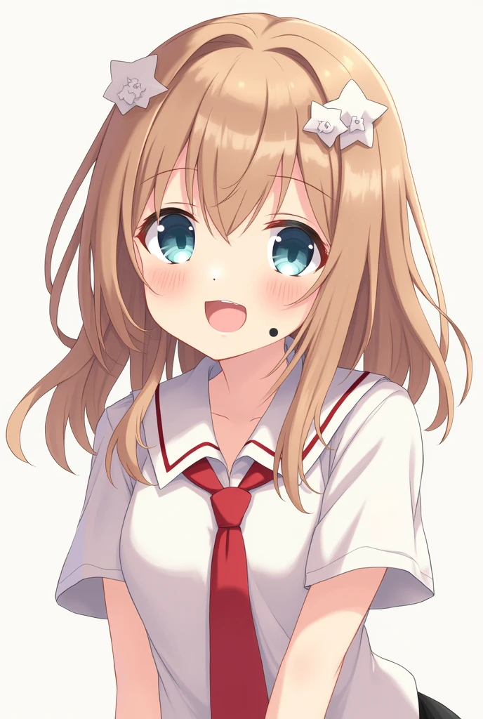 Light brown long hair Light blue eyes Wearing white short sleeves Red tie on neck 2 white star buckles on head Black star mole on cheek (play)
Young girl Anime