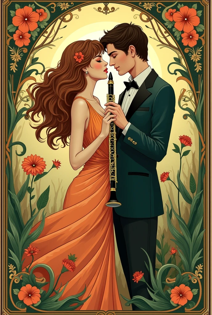 Une affiche art nouveau d’un couple qui s’aime, la femme châtain qui joue de la clarinette, et un homme brun qui joue de la trompette.