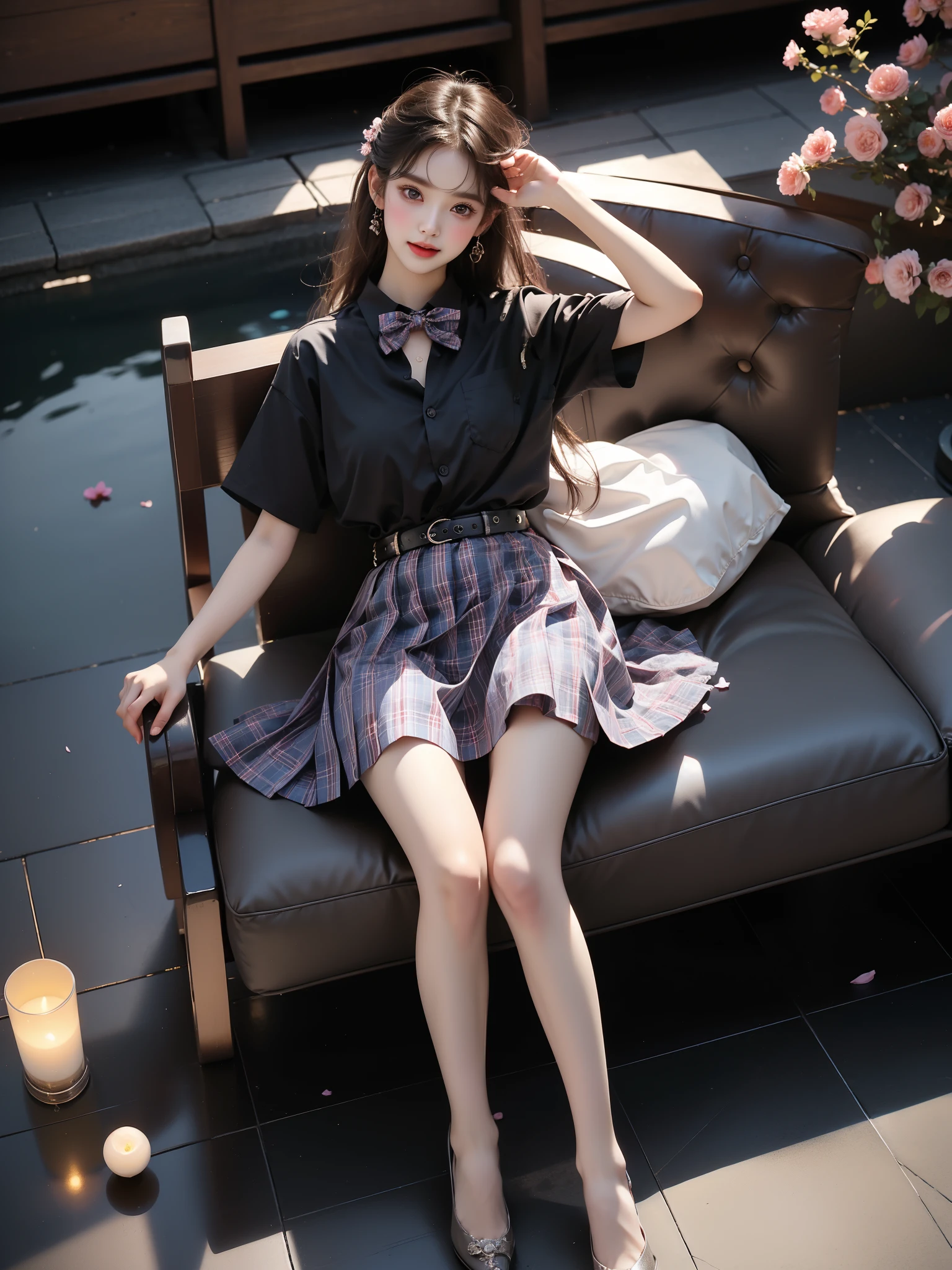 skirt,plaid necktie,belt,plaid skirt,black shirt,bowtie, ((full body)),（(Girl lying in the pool))、((night，moonlight))，She gently lifted her skirt with one hand，Make gentle and playful gestures，((Lots of flowers瓣)), Lots of flowers，Petals scattered all over the ground，Cherry tree，Petals are flying all over the sky，Beautiful and charming woman, Elegantly, Her plump breasts are fully exposed.，Visible cleavage，The skirt is short，Natural legs，Sexy legs，Legs slightly bent，Legs in a natural position，Slender legs，Shapely legs，Cross your legs，Show your legs，Legs in natural light，Smooth skin，Slender and lovely beauty, Eyes sparkling，Her skin is flawless。Her curves are highlighted。Shine in the light，The color is pastel，She lay confidently，One hand on hip，Her posture is both graceful and strong...。She wore elegant high heels，It matches her 裙子 very well.。In the warm golden sun。The atmosphere of the whole photo is peaceful and positive，Emphasis on natural beauty and elegance, Studio Lighting,Vibrant colors, Cute girl, sweet smile, cosmetic，Shy，blush，open mouth，Heavy breathing，moan，超realism，realism，Movie Lighting，Comfort，Sony FE GM，Retina，masterpiece，precise，Anatomically correct，Textured Skin，Super Detail，High Detail，best quality，Colorful