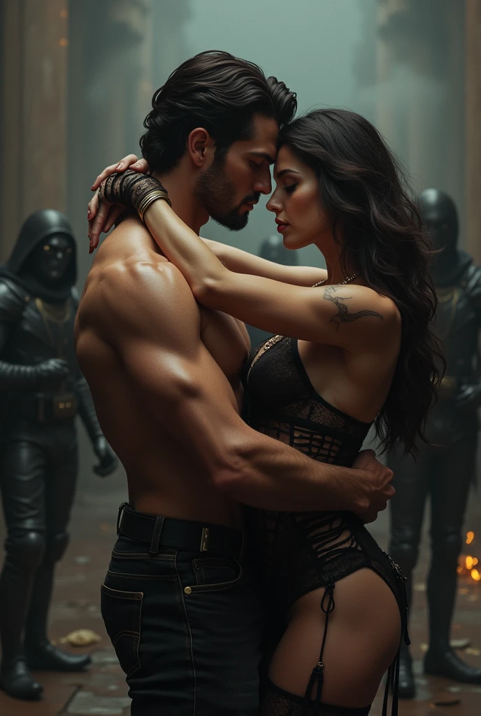 Beautiful mother in garter belt and torn clothes being held by strong handsome son in the mud surrounded by bad enemies