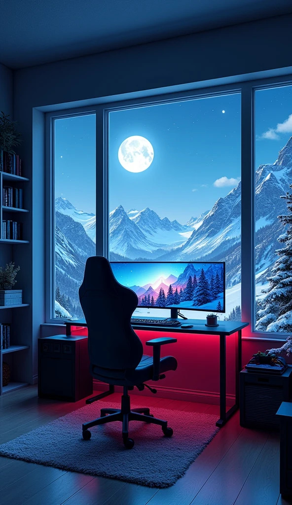 A gaming room with a stunning view of snow-covered mountains under a night sky. The large windows behind your monitor let in the crisp, cold air, with moonlight reflecting off the snow, creating a serene and mystical atmosphere. The room is centered around a high-end gaming chair and a curved monitor, both illuminated by cool-toned RGB lighting that complements the cold mountain setting. Shelves along the walls display a collection of video game cassettes, neatly organized alongside alpine-themed collectibles. The stillness of the night, combined with the quiet majesty of the mountains, creates the perfect environment for an immersive and tranquil gaming session.