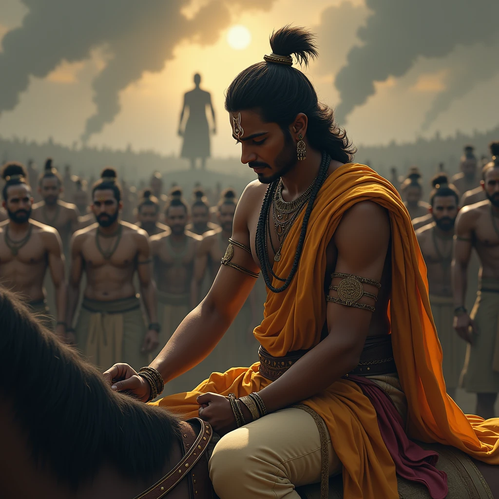Depict Arjuna in his chariot, his bow lowered, and his face filled with sorrow and doubt. His gaze is turned towards the opposing Kaurava army, which is blurred and shadowy, symbolizing his internal conflict. In the background, faint images of sin and darkness start to encroach upon him, representing the consequences he fears from killing his kin. Krishna sits beside him with a compassionate expression, his hand gently raised as if offering wisdom and solace. The battlefield around them is vast and ominous, with the tension of the impending battle heavy in the air, highlighting the gravity of Arjuna's moral dilemma.