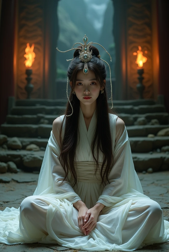 
professional photo, portrait of a beautiful Chinese woman with long hair wearing a beautiful and elegant white dress, beautiful jeweled hair ornament with intricate but enchanting details, sitting cross-legged with her entire body tied with a polypropylene rope, sweet smiling face, background in a dark, light-proof room, with a natural staircase behind it, a cave-like room with two torches visible from afar at the right and left ends at the end of the stairs, realistic, cinematic, full HD image