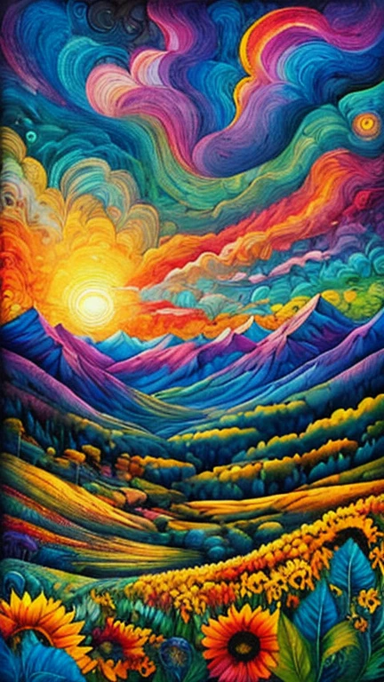 Masterpiece, best composition, dynamic composition, colorful landscape painting with sunflowers, trees and hills, colorful landscape painting, psychedelic landscape, vivid oil painting, vivid abstract landscape, color field painting. 8K, amazing colorful landscape, detailed impasto, colorful oil painting, psychedelic sky, mountains and colorful sun, painted landscape, colorful sky, hills with flowers, big trees on hills, summer day psychedelic, big colorful picture.