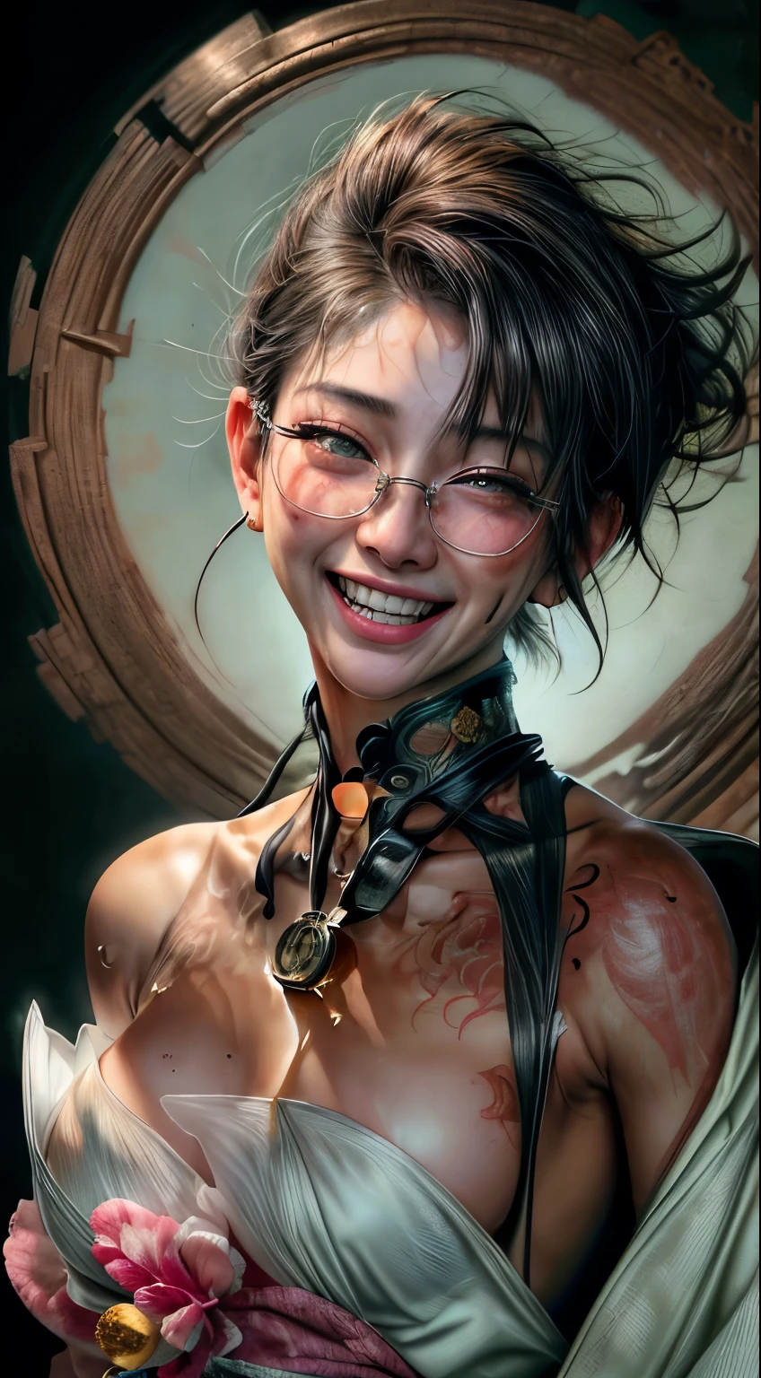 full body image(Masterpiece, Highest quality, Highest picture quality, high resolution, realistic style),Portrait of a beautiful woman wearing an open-chested kimono,Breast wrap covering the nipples,Charming 20-year-old short-haired girl laughs,((Charming laugh)), glasses,tattoo, With a medal around his neck,earring, Torn white suit,Break through ,Big breasts, Sweaty skin with imperfections, (,complicated details ( 8k is very realistic.)