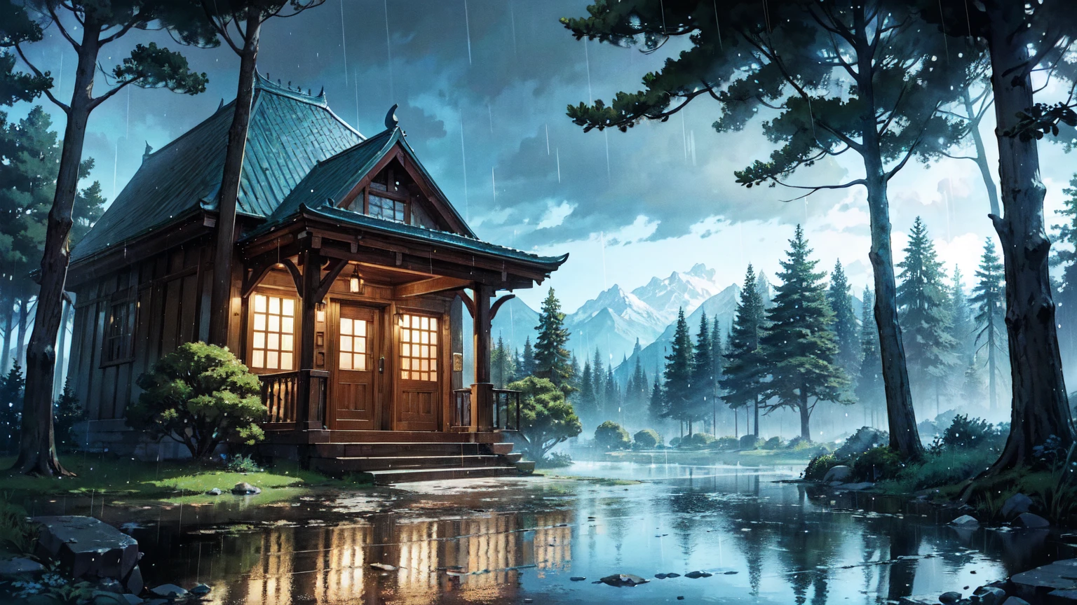Fantastic forest. Bright, fantastic and magical pictures. Colorful and bright picture. The composition is fantastic, with a forest in the foreground and a small library in the background. Nostalgic. Makoto Shinkai. A splendid Western-style library beyond the forest. Beautiful composition. Night, heavy rain. A Western-style castle-like library beyond the forest. Vivid. Rainy sky. Heavy rain.