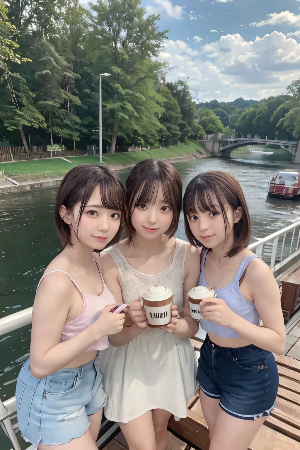 8K, RAW Photo, Best Quality, Masterpiece, Realistic, PhotoRealistic, Extremely Detailed 8k Wallpaper, Beautifully Detailed Eyes, Finely Detailed Face, 
 BREAK 
Cinematic Lighting, 
 BREAK 
((3 Girls are Drinking Coffee, s-bridge + s-river + bluesky:1.2)), 
 BREAK 
Perfectly Anatomically Correct:1.2, Beautiful Thin Fingers:1.2, 
 BREAK 
3 Girls, Symmetrical Clear Eyes:1.0, 
All Members are Kawaii s, 
Wearing Random SHIMAMURA Summer Clothes, 
Random Short Hairs:1.0, 
 BREAK 
SFW:1.0, 
 BREAK 
Distant View:1.0, Wide Shot:1.0