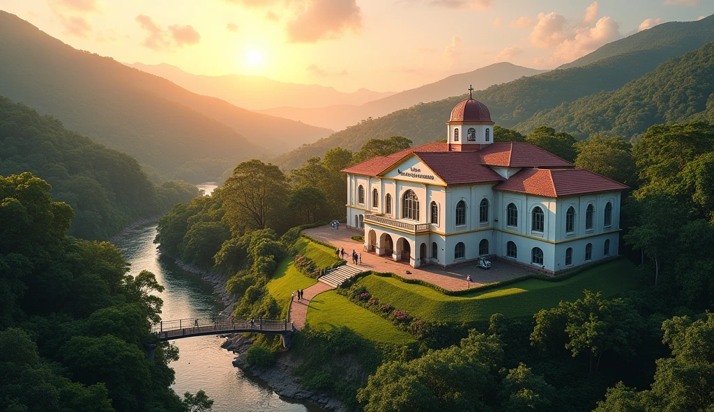An aerial view of Hospital Santa Eduviges nestled gracefully within a lush, green valley surrounded by rolling hills and dense forests. The hospital features elegant, white colonial architecture with red-tiled roofs and large arched windows, exuding a sense of warmth and tradition. Over the entrance a sign reads "Hospital Santa Eduviges". A tranquil river winds gently beside the hospital, reflecting the golden hues of a breathtaking sunrise that bathes the entire landscape in soft, warm light. Patients and staff are seen strolling through beautifully landscaped gardens filled with colorful flowers and tall, shady trees. The sky above is clear with subtle pastel colors, adding to the peaceful and restorative ambiance of the scene.