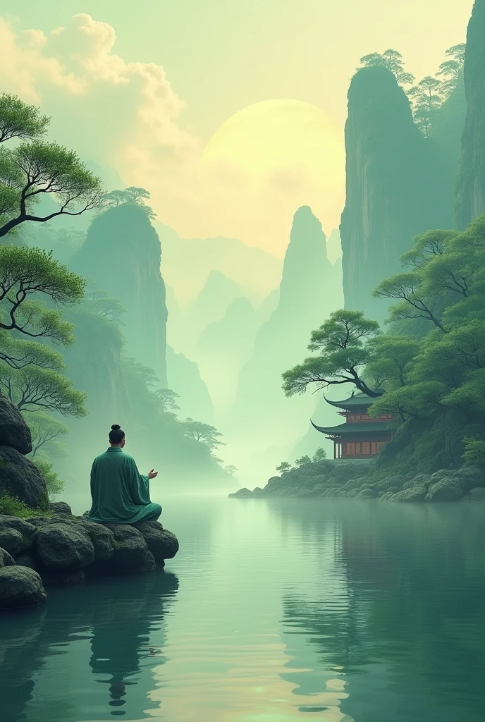Create a digital artwork that embodies the essence of Taoism, peace, and harmony, deeply rooted in Chinese culture. The scene should be set in a tranquil, natural environment, such as a misty mountain landscape with flowing rivers and ancient pine trees. A traditional Chinese temple or pagoda should be nestled harmoniously within the landscape. Incorporate Taoist symbols, like the Yin-Yang, subtly into the scenery, perhaps in the patterns of the clouds or water. The image should evoke a sense of balance and serenity, with soft, natural colors like jade green, soft gold, and gentle blues. Traditional Chinese elements, such as a scholar meditating or practicing Tai Chi near the water, should be included to enhance the cultural depth. The overall mood should be peaceful and reflective, inviting viewers to feel the calm and balance central to Taoist philosophy.
