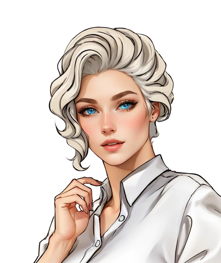 cartoon woman with white hair and blue eyes in a white shirt, attractive androgynous humanoid, in digital illustration style, digital art of elegance, illustration in cartoon style, vector drawing in style, white haired lady, realistic female portrait, Beauty with detailed faces, Portrait of a blonde, Detailed color portrait, an unusually detailed woman, Portrait of a lovely woman