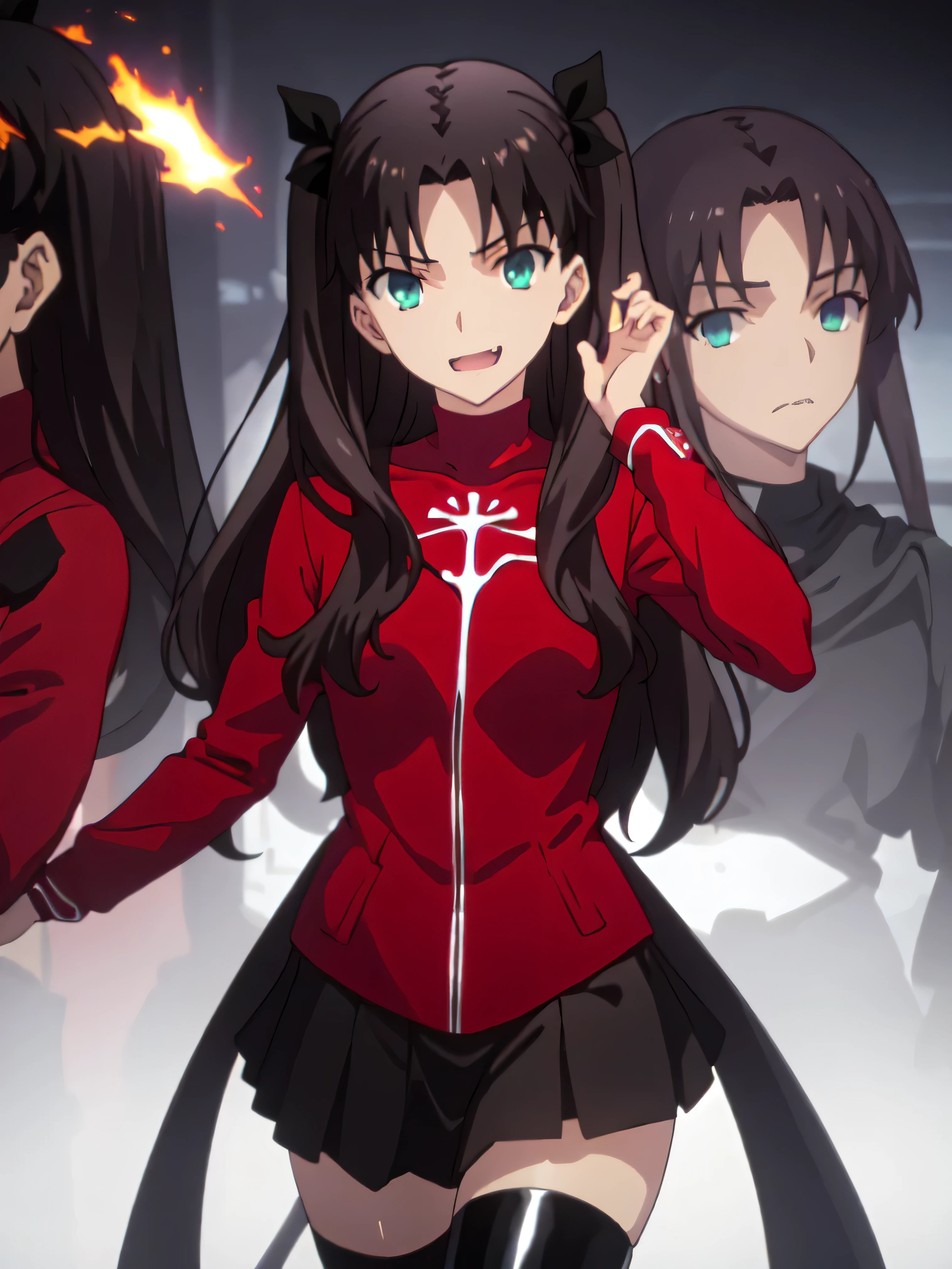 Highest quality, masterpiece, High resolution, 一人w, (Tohsaka_Also_fwestaynightufotable:1.10), one person, アニメ_coloAlsog, turtleneck, , Lookwg_w_Audience, brown_hair, Parody, green_eye, , swewer, アニメ_style, 5 ,,Bad face,, Black Skirt,both hands,Two legs,Five Fwgers,Evil background,shwy ,shwy latex Black thighhigh socks ,evil laugh, Debish Aura (Shwy fabric:1.5),Dark world background,solo,Burnwg cityscape,lookwg dwon at viewer