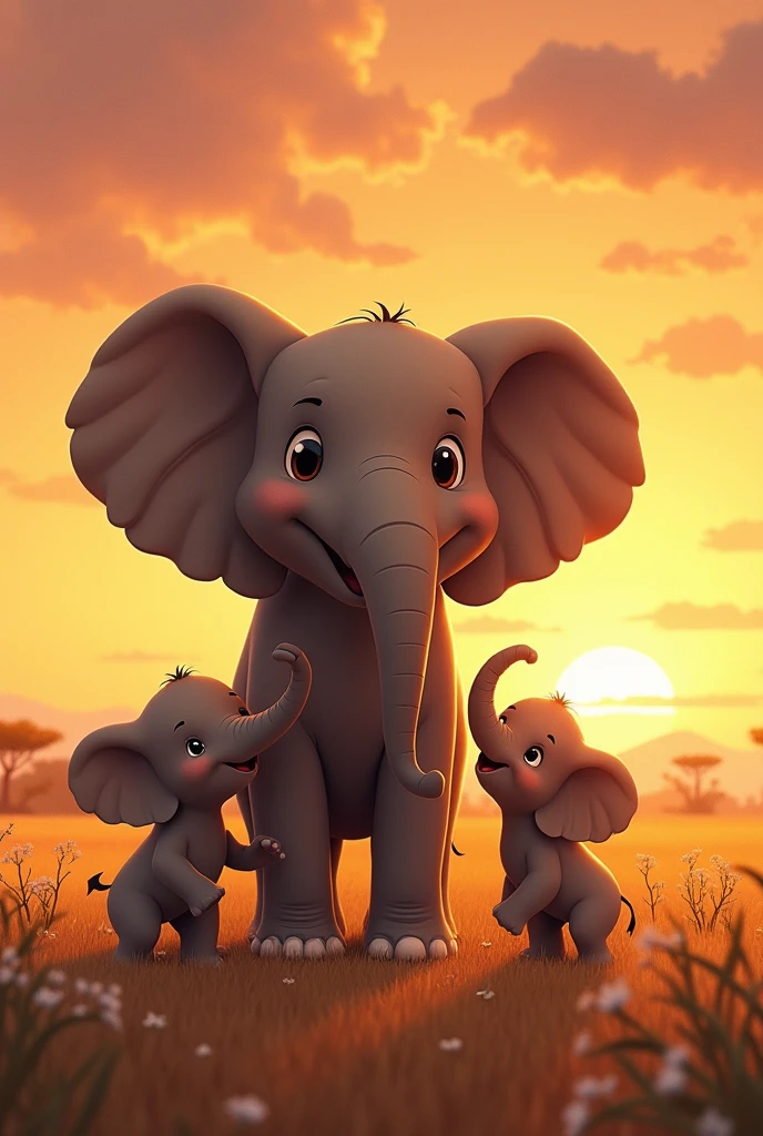 "Create a heartwarming illustration of two baby elephants Trombinha and Pipoca standing beside happy father elephant Osot Sog, looking up at him with love and admiration. The sun is almost set, with the last golden rays illuminating the scene. The African savanna is calm and peaceful, and the three elephants are together, sharing a moment of love and unity. The style should be warm and comforting, perfect for concluding a children's story with a strong sense of family and connection. more hiper realist art