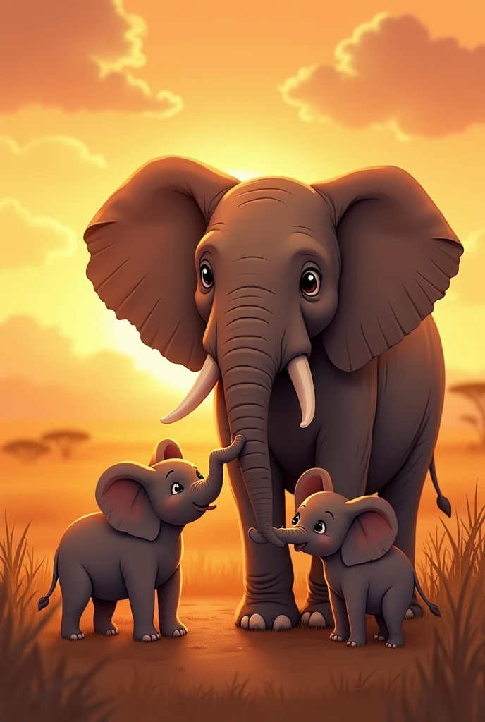 "Create a heartwarming illustration of two  elephants Trombinha and Pipoca standing beside happy father elephant Osot Sog, looking up at him with love and admiration. The sun is almost set, with the last golden rays illuminating the scene. The African savanna is calm and peaceful, and the three elephants are together, sharing a moment of love and unity. The style should be warm and comforting, perfect for concluding a children's story with a strong sense of family and connection. more hiper realist art
