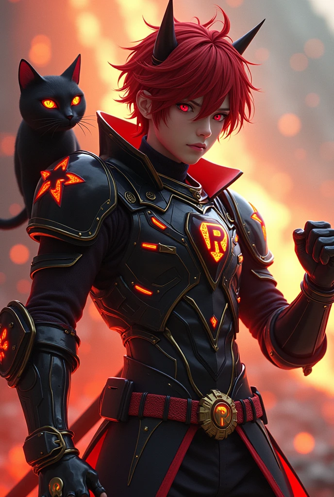 Male age 20, red emo visual kei hair, Asian, athletic, red eyes, moto black helmet with red punk horns, black stone with lava glowing on the chest, Plate armor, armor breastplate with two four-pointed red stars, a gold belt buckle with a letter R, red leotard, plate belt, plate wristband, armor boots with red flames, cyberpunk japanese style, athletic, magic powers, action, black cat nails, punch pose, volcano backgroud, full body