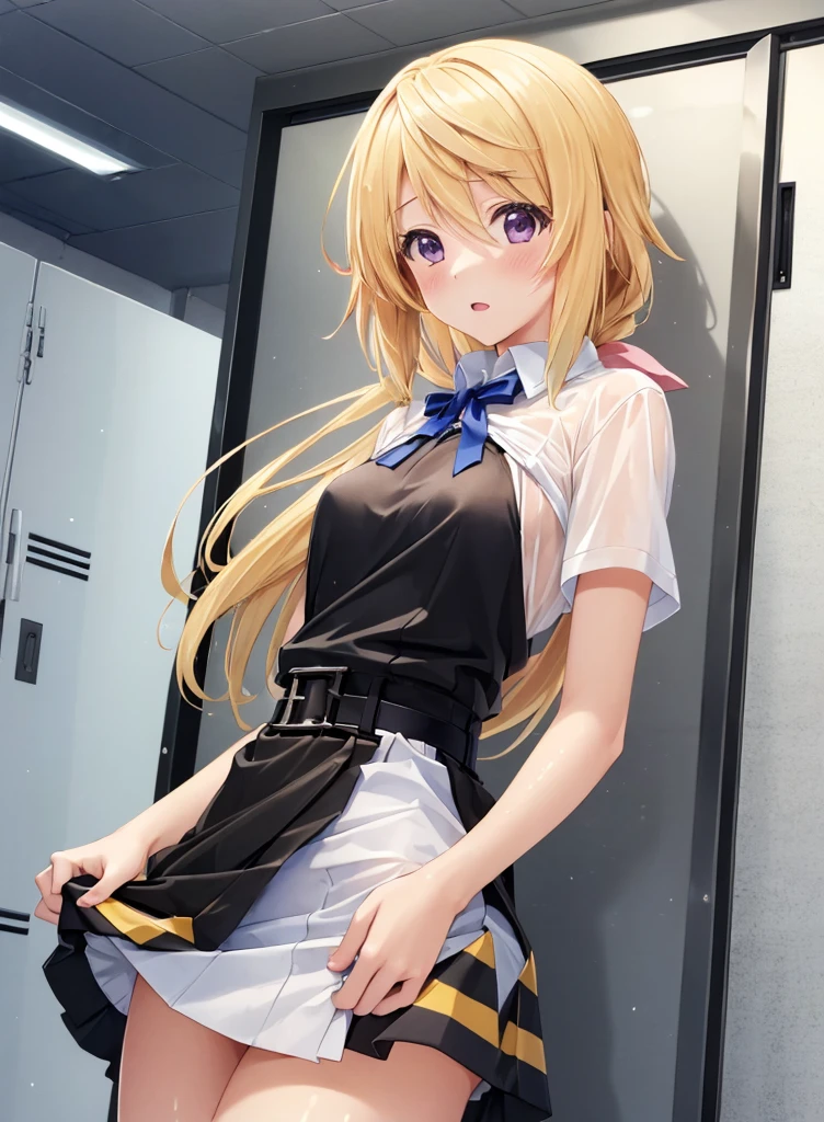 (masterpiece, high quality, best quality, detailed, anime:1.4), 1girl, Charlotte Dunois, blonde hair, ponytail, pink T shirt, skirt, belt, (Perfect hands), (Perfect Anatomy), white panties, see through, transparent,, wet clothes, blush, locker room, locker, open clothes, clothes lift, lifted by self, surprised BREAK erotic posture, public indecency, exhibitionism,