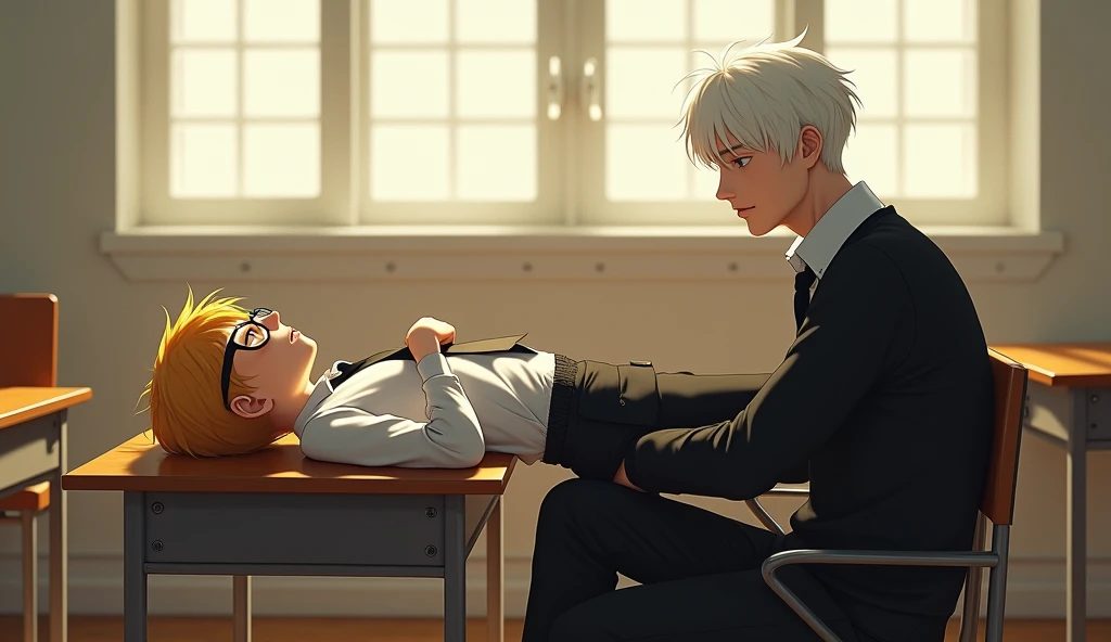 A quiet classroom in the morning, with soft natural light streaming through the windows. Jab, a skinny boy with a distinct appearance, is lying down on his desk, appearing tired or sleepy. He has short, yellow hair that contrasts with his black-framed glasses. He’s dressed in a crisp white long-sleeved shirt, neatly tucked into black pants, with a black tie and polished black leather shoes, completing his sharp and clean look. His head is resting on his arms. Next to him, Jam, a young man with a well-defined physique and striking white hair, is sitting upright in his chair, attentively watching Jab with a concerned or curious expression. Jam is dressed in a black sweater without a zipper, layered over a white long-sleeved shirt. His attire is completed with a black tie, black pants, and polished black genuine leather shoes. The clean lines and sharp details of his outfit contrast elegantly with his white hair. The classroom is empty, with no other students or teachers present. The desks and chairs are arranged neatly, and the scene has a peaceful, almost serene atmosphere, with soft lighting highlighting the details of both Jab’s and Jam’s unique features and attire.(hyper realistic)