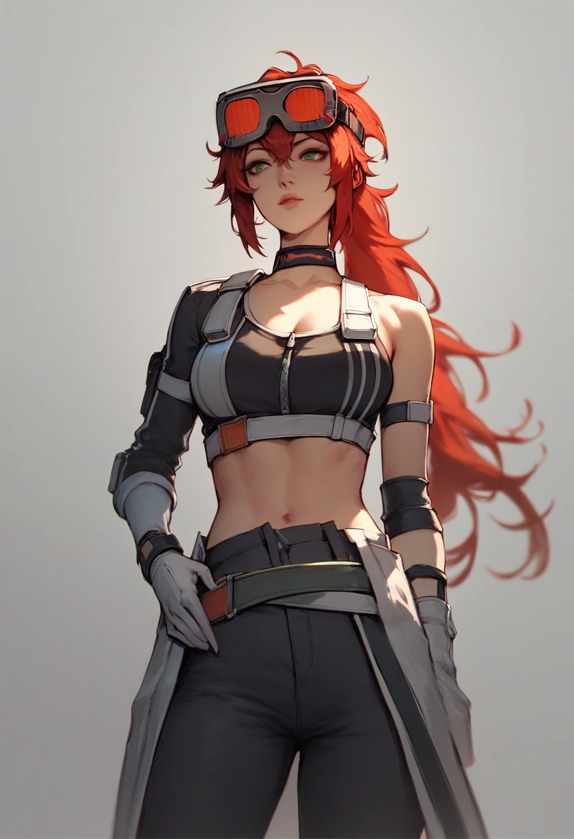 score_9, score_8, score_8_superior, One person, Black choker, Black gloves, White gloves, Black trousers, Black sports bra, Elbow hand pockets, Put goggles on your head, View your viewers, Long Ponytail, Medium chest, Lips parted, White gloves, zipper, belt, Red Hair, Green Eyes,