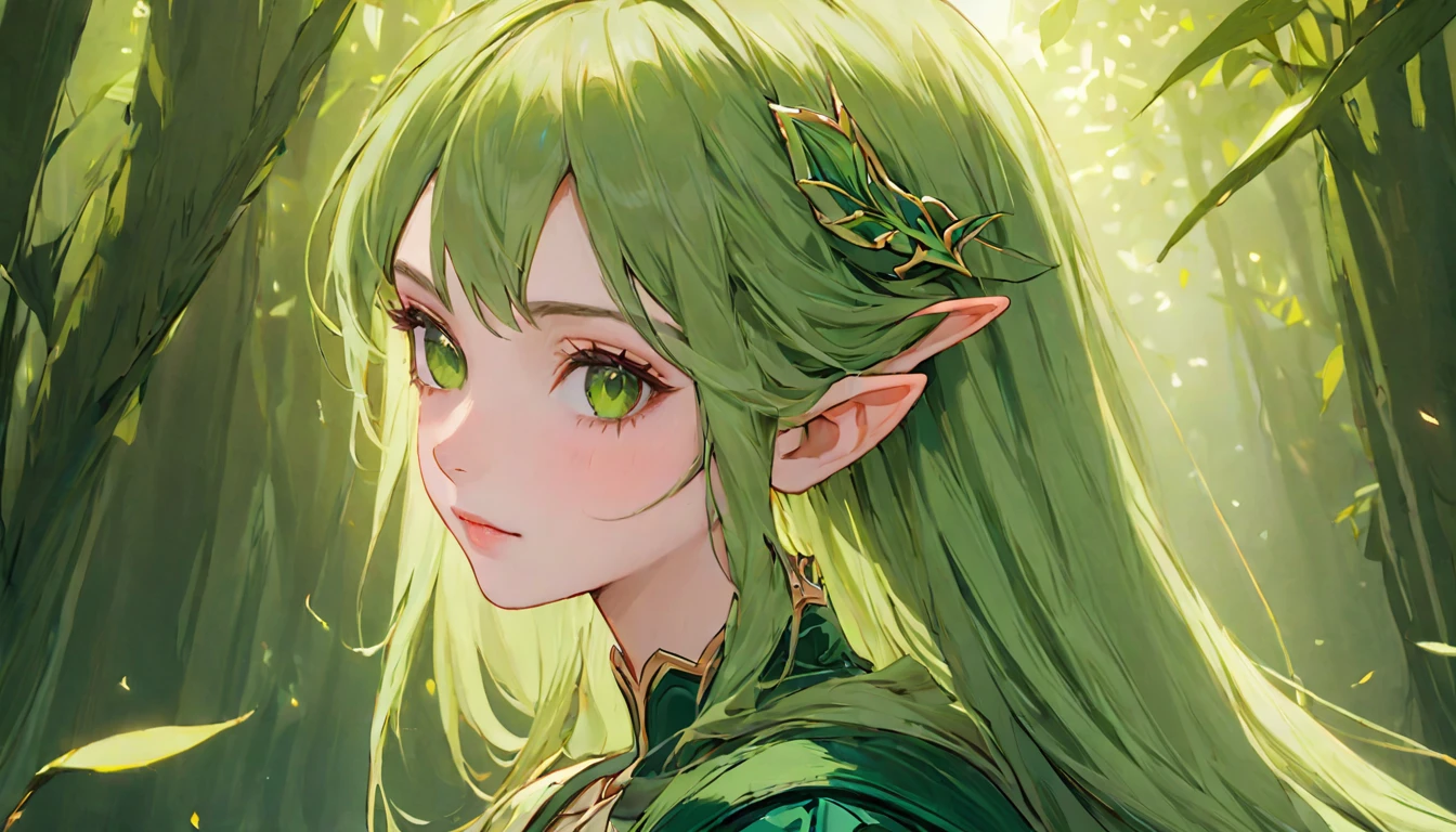 green eyes beautiful elf, full body, Game Art Style, (masterpiece), highest quality, High resolution, 4k, 8K, Detail view, intricate details, cinematic lighting, amazing quality, 1 girl、elf ears、ash green hair, great shading, soft lighting, Face-to-face camera, perfect eyes