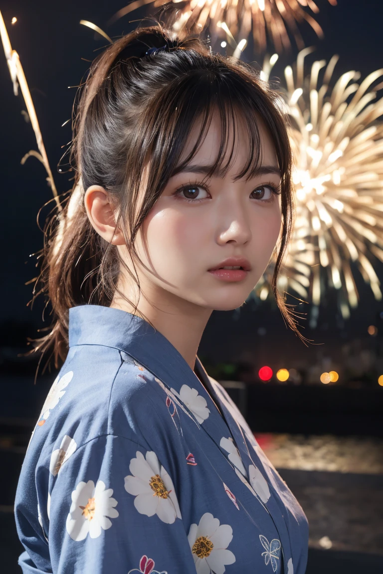 Highest quality, Finer details, (Beautiful single women))), Highly detailed eyes and face, firework, yukata, looking up at firework, ponytail, Large tear bags, double eyelid