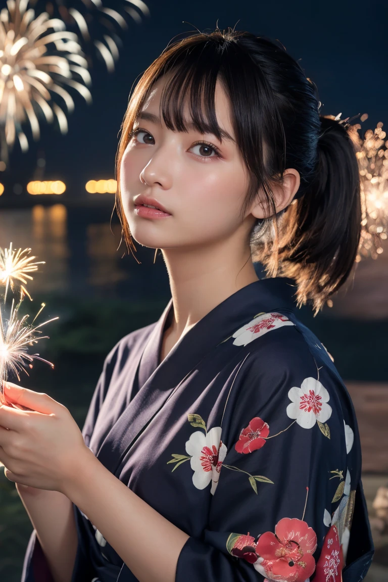 Highest quality, Finer details, (Beautiful single women))), Highly detailed eyes and face, firework, yukata, looking up at firework, ponytail, Large tear bags, double eyelid