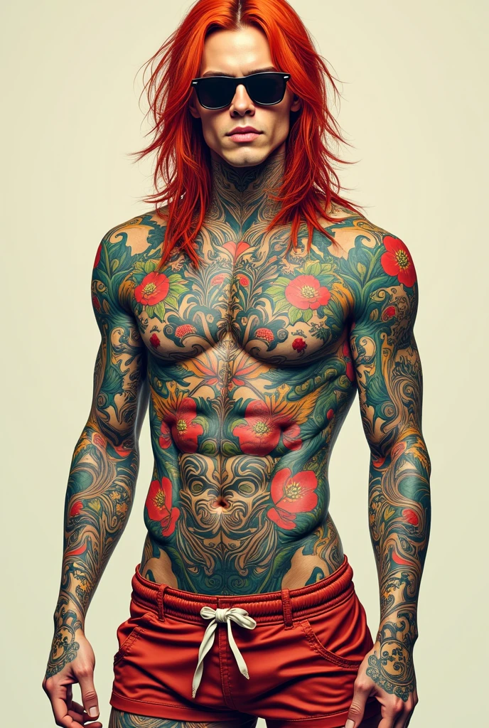 Full body tattoo、Colorful Japanese carvings、Slender、male、front、Wearing clothes、Shorts、shirt、long red hair、sunglasses、marijuana、Artist、Musician、mens、