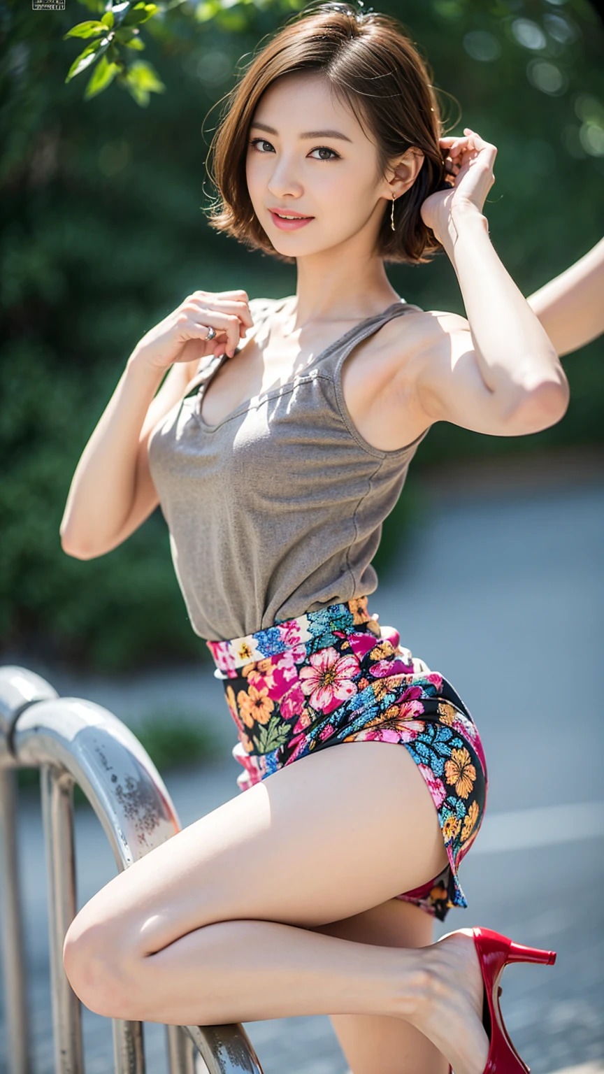((masterpiece)),(((Highest quality))),A low-angle shot that highlights beautiful thighs:1.5,Long legs,The best smile:1.5，Slender figure:1.5，whole body:1.5，(One Girl:1.3),(Viewer Display:1.4)，(Pointy high heels:1.3),(Stand with legs apart on the top of a mountain:1.2),(Wearing a floral and plant print mini skirt dress:1.2),Curly and golden hair:1.5，She pulls up her skirt to reveal her sexy magenta panties.:1.2，Raise your arms and jump backwards:1.5，