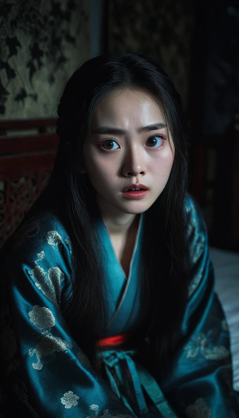 A young girl, scared expression, wide eyes, pale skin. Sitting on a bed, looking at the darkness. Dark hair, traditional Chinese clothing. Spooky atmosphere, dramatic lighting, close-up shot. Hong Kong cinema style. Cinematic lighting, high detail, 8K, artstation, conceptual art, dark fantasy. Photo taken with Canon EOS R5 85mm f/11 camera, sharp mode of people and surrounding scenery. 8K picture quality, realistic, masterpiece, sharpest and highest contrast, excellent depth of field, stereoscopic light, Direct light on the face.