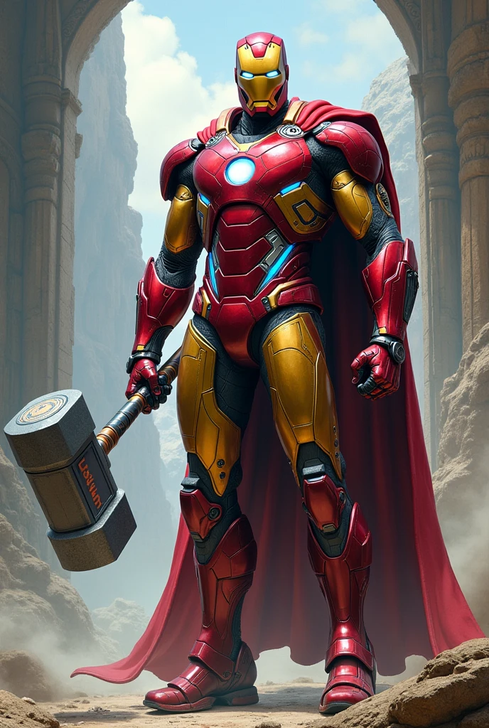 Imagine a fusion of Iron Man and Thor. The character could have Iron Man's sleek, high-tech armor combined with Thor's mystical Asgardian elements. The armor could feature glowing runes and have a mix of metallic red, gold, and silver, symbolizing the fusion of both characters' color schemes. The helmet could combine Iron Man’s faceplate with Thor's winged design, and the character could wield a hybrid weapon—a hammer that also has the ability to shoot repulsor blasts. The setting could be a futuristic Asgard, with high-tech elements integrated into the ancient architecture.Would you like me to create an illustration based on this idea?