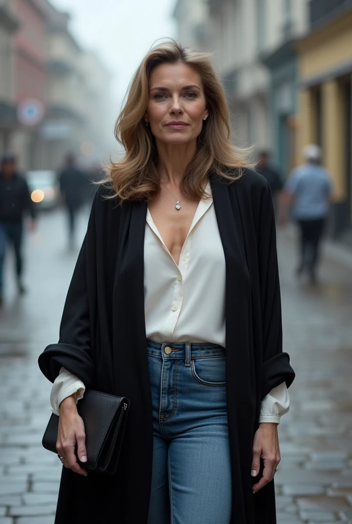 Woman in her 40s on a cold day in Brazil , wearing jeans, a white blouse and a black pashmina