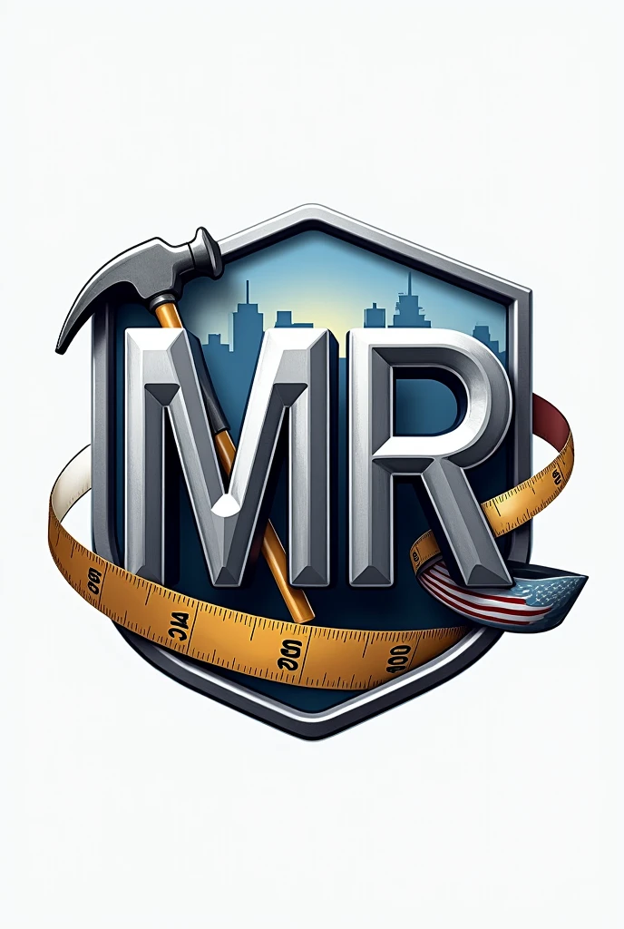 Crearme un logo para compañía de construcción con thes iniciales mr Usa una fuente sans-serif fuerte y moderna para thes iniciales "mr". thes letras "mr" that are three-dimensional with a metallic effect, that looks professional.
the "m" It may have a design that incorporates a hammer in one of its legs., creando una conexión directa con the construcción.
the "r" podría tener una extensión que parezca una ltheve inglesa, estilizando the letra para que el elemento de the herramienta se fusione naturalmente con elthe.
Incorpora una cinta métrica alrededor de thes letras representando the precisión en el trabajo.
Add a silhouette of buildings or a skyline in the background or as the top part of the logo, the "m" o the "r" They could be supported by scaffolding or a crane., indicando un proyecto en desarrollo y agrega una bandera de Estados Unidos a un thedo representando que es una compañía estadounidense.
Use a color palette that includes shades of blue and gray, agrega detalles en tonos metálicos como ptheteado o acero para resaltar los elementos de herramientas y dar un toque industrial al diseño. Make the logo look professional.