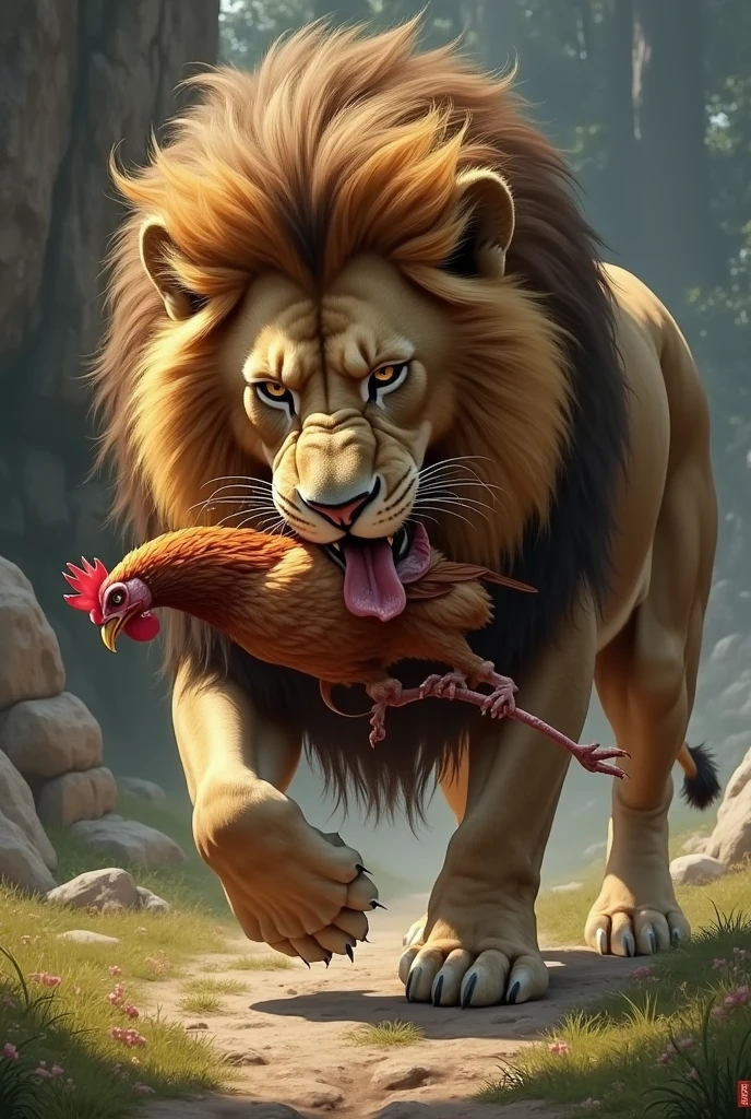 A lion eating chicken