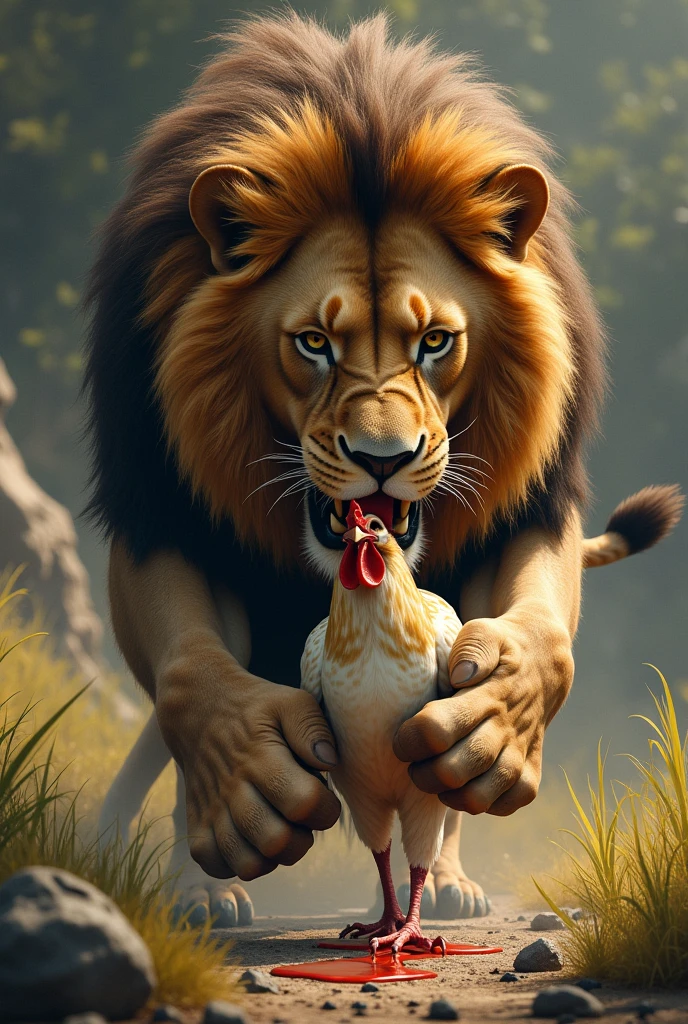 A lion eating chicken