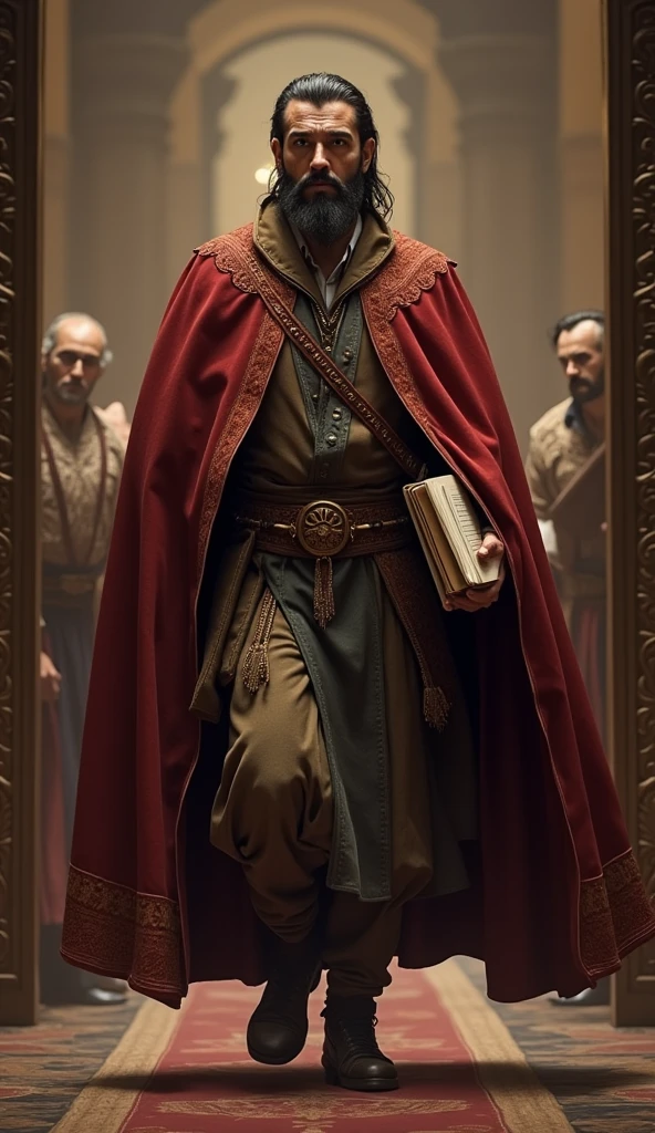 Salavat Khan Arrives**: Capture Salavat Khan, a stern-looking man in regal attire, arriving in the court, commanding attention as he carries a ledger or important documents.