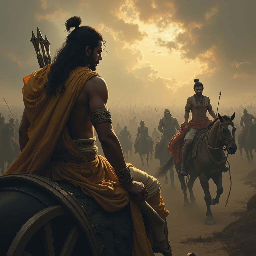 Depict Arjuna in his chariot, his bow lowered, and his face filled with sorrow and doubt. His gaze is turned towards the opposing Kaurava army, which is blurred and shadowy, symbolizing his internal conflict. In the background, faint images of sin and darkness start to encroach upon him, representing the consequences he fears from killing his kin. Krishna sits beside him with a compassionate expression, his hand gently raised as if offering wisdom and solace. The battlefield around them is vast and ominous, with the tension of the impending battle heavy in the air, highlighting the gravity of Arjuna's moral dilemma.